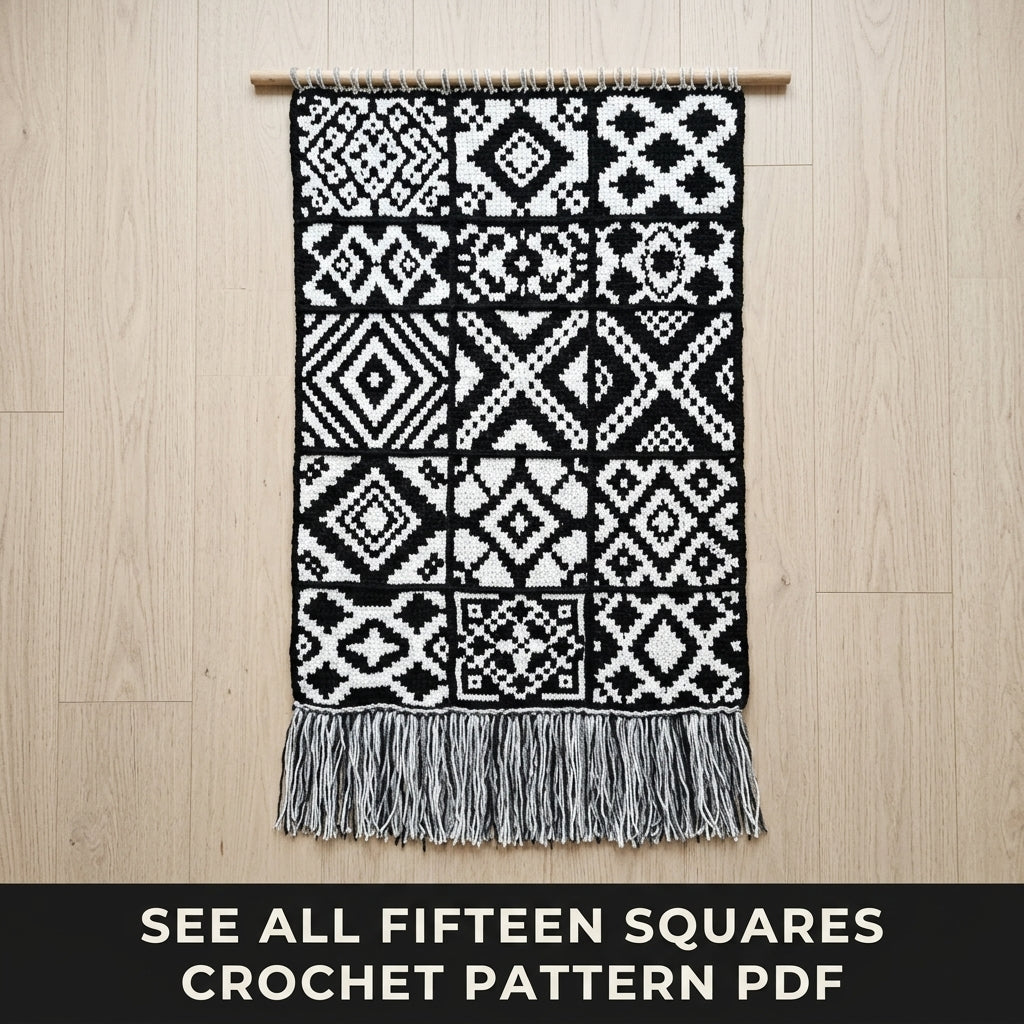 Geometric Tapestry Wall Hanging Crochet Pattern PDF – Black and White Wall Decor