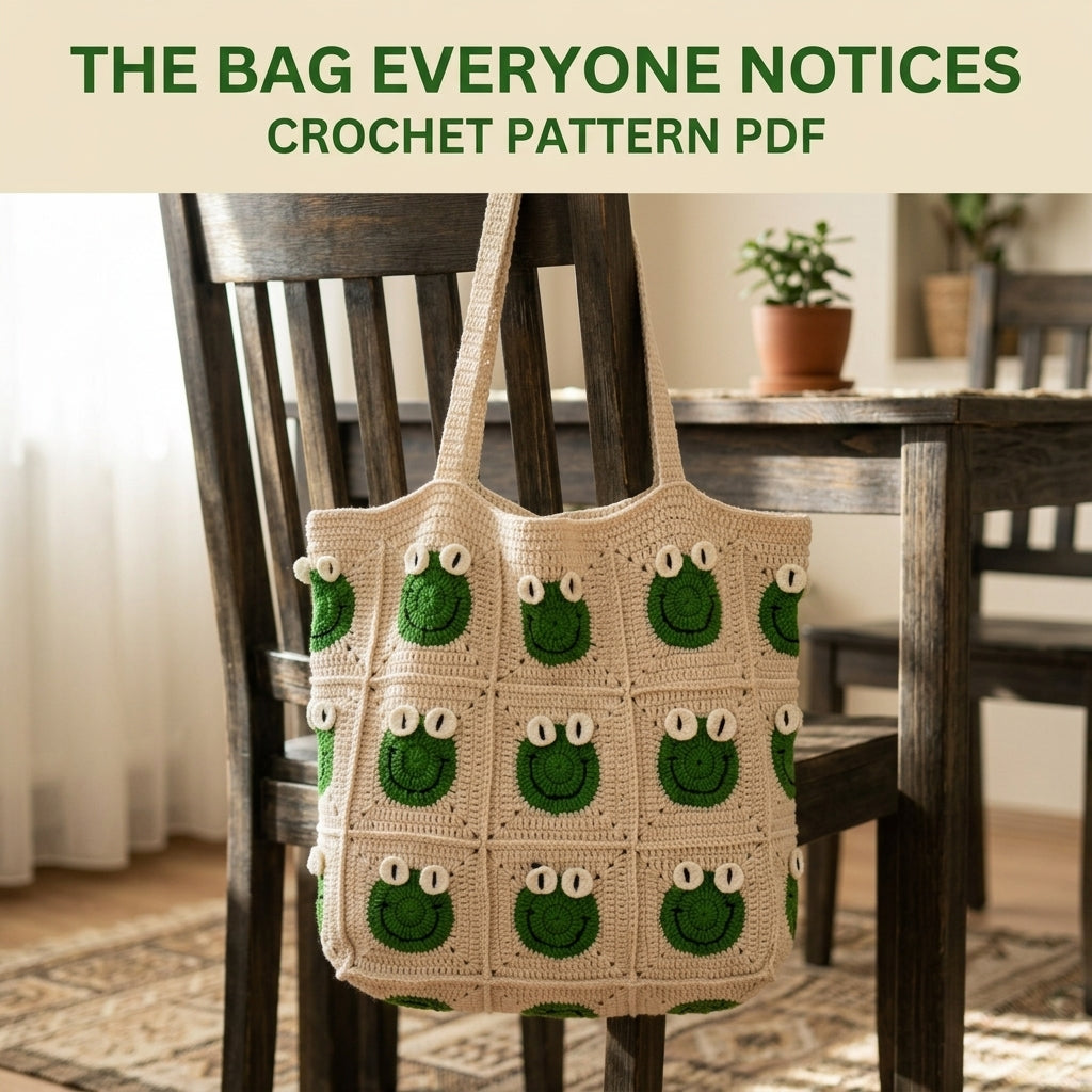 Frog Granny Square Tote Bag Crochet Pattern PDF – Cute Frog Face Shoulder Bag