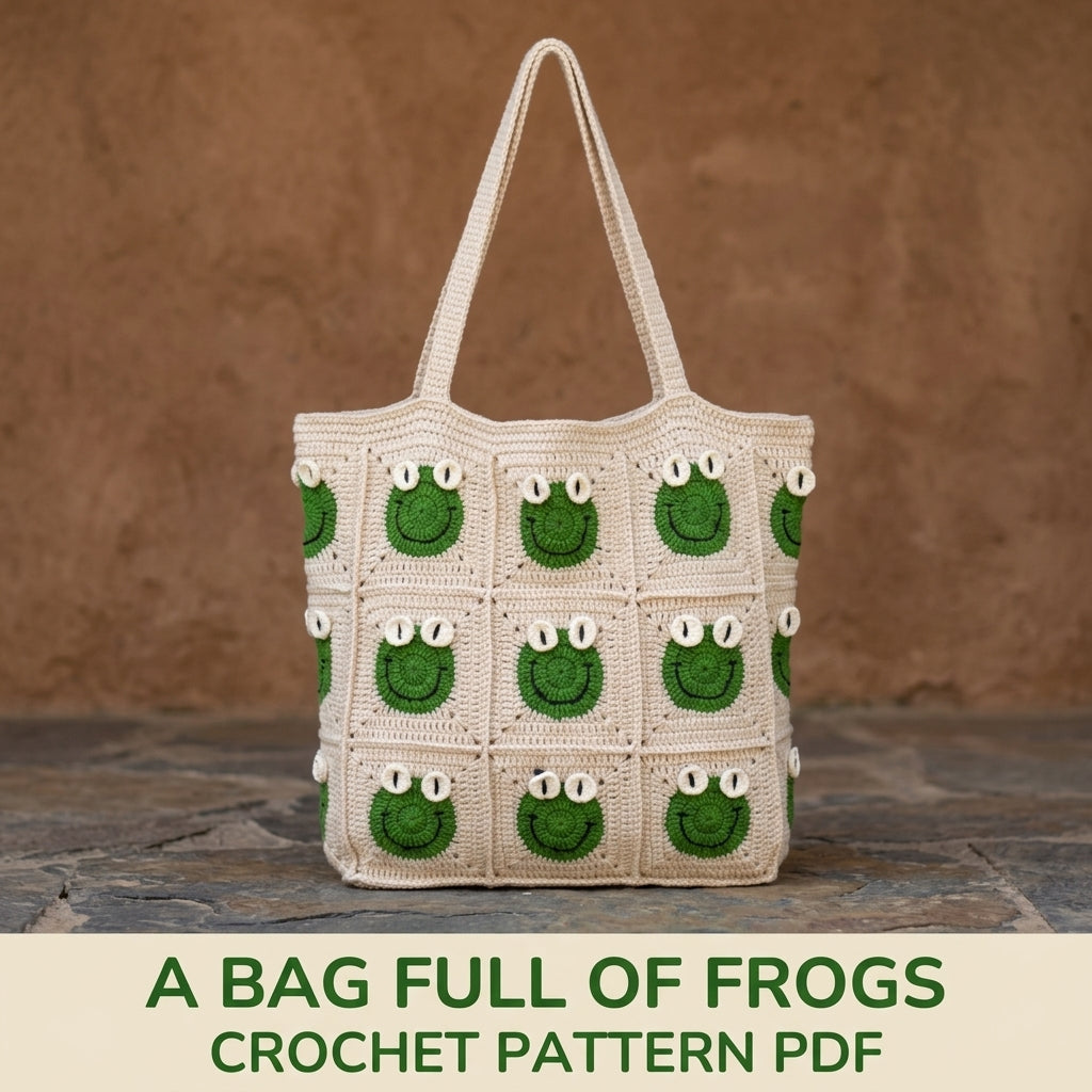 Frog Granny Square Tote Bag Crochet Pattern PDF – Cute Frog Face Shoulder Bag
