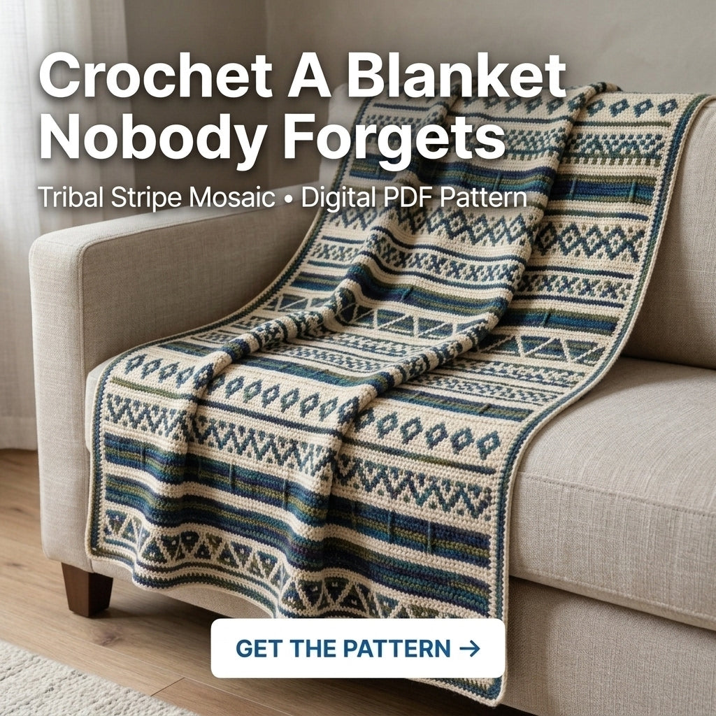 Geometric Stripe Mosaic Crochet Blanket Pattern PDF – Navy, Teal and Green Throw with Diamonds and Zigzags