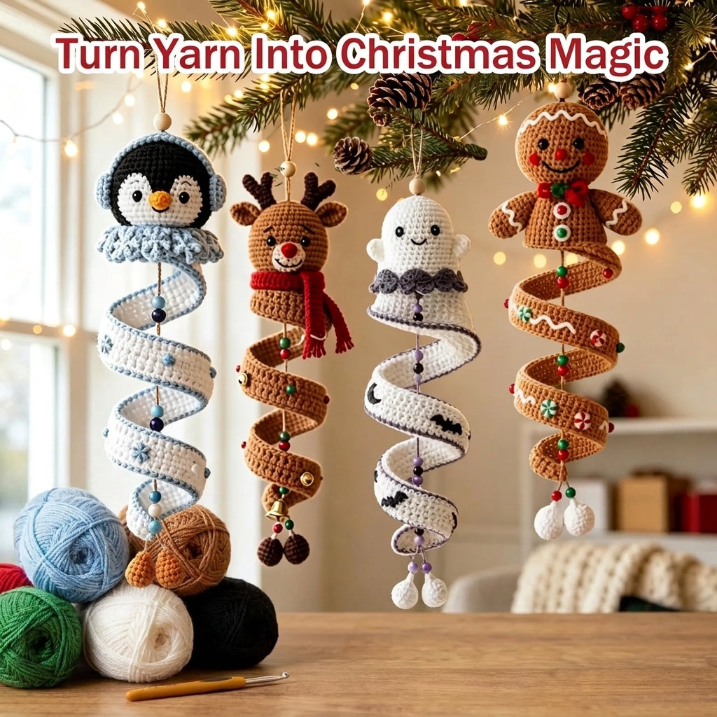 Spiral Christmas Ornament Crochet Pattern — Penguin, Reindeer, Ghost and Gingerbread Man, 4 Patterns in 1, US Terms, PDF Download