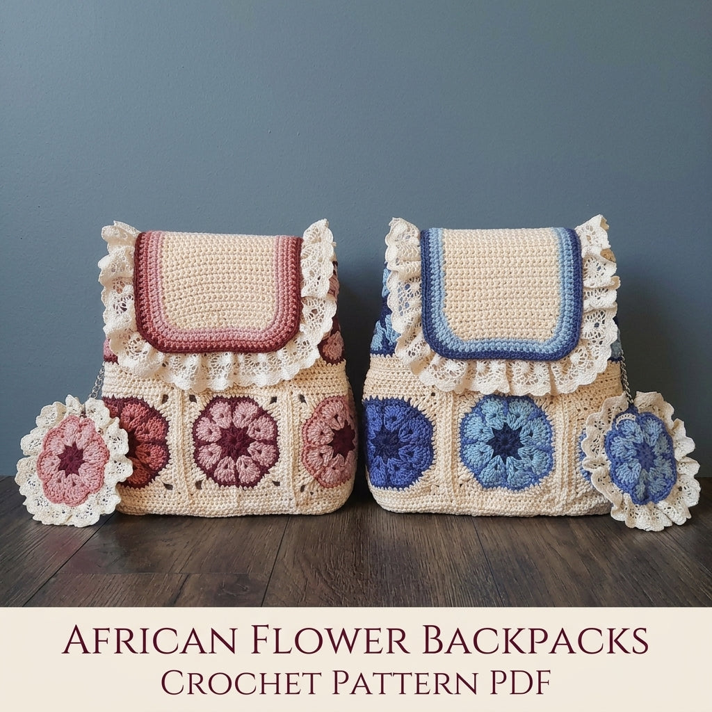 African Flower Mini Backpack Crochet Pattern PDF – Lace Ruffle Bag