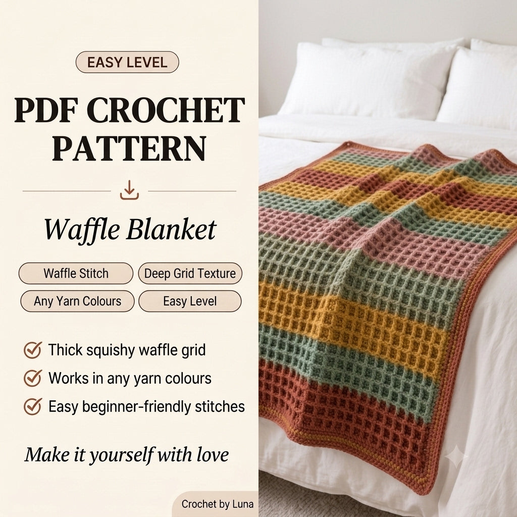 Waffle Stitch Crochet Blanket Pattern PDF – Easy Textured Striped Throw in Rust, Sage and Mustard