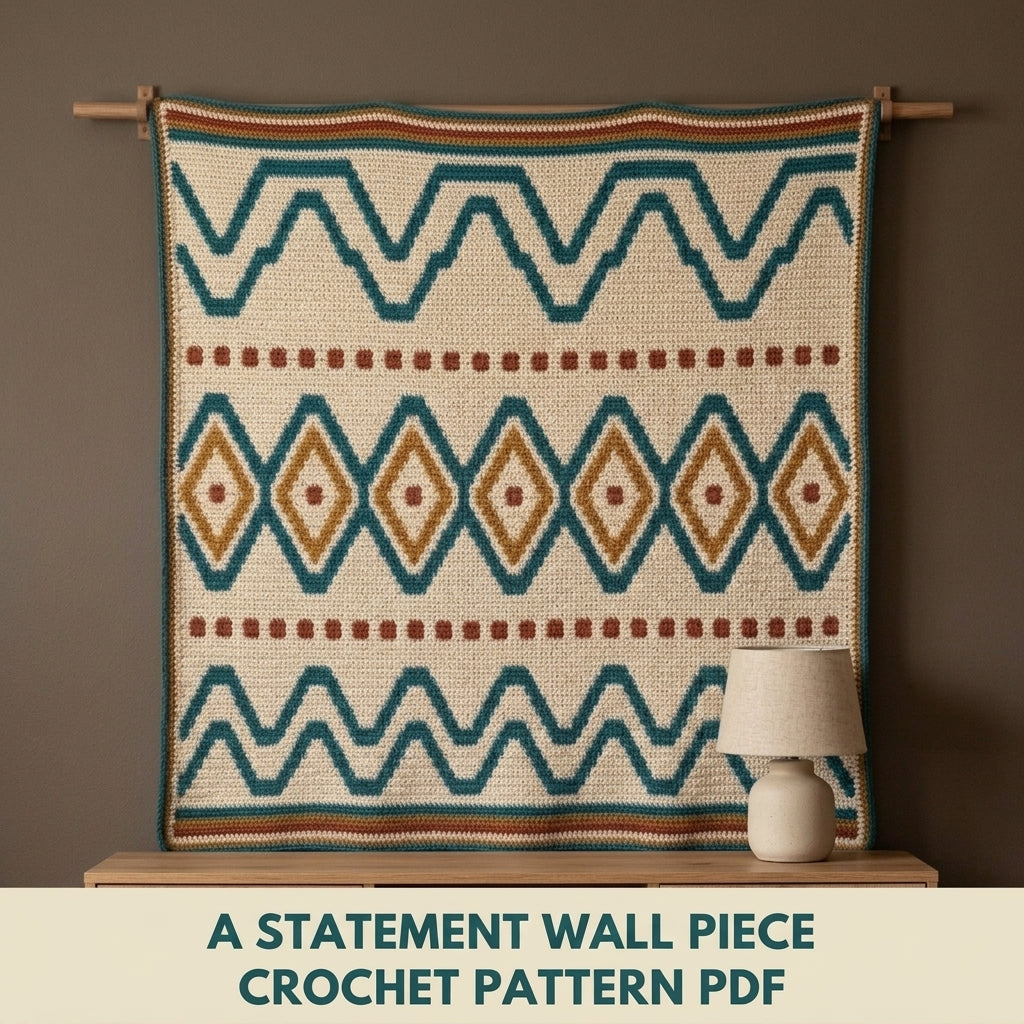 Lozenge Tapestry Crochet Wall Hanging Pattern PDF – Waves and Diamonds in Teal, Mustard and Rust
