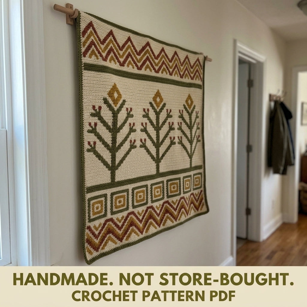 Tree of Life Tapestry Crochet Wall Hanging Pattern PDF – Trees and Chevrons in Olive, Rust and Mustard