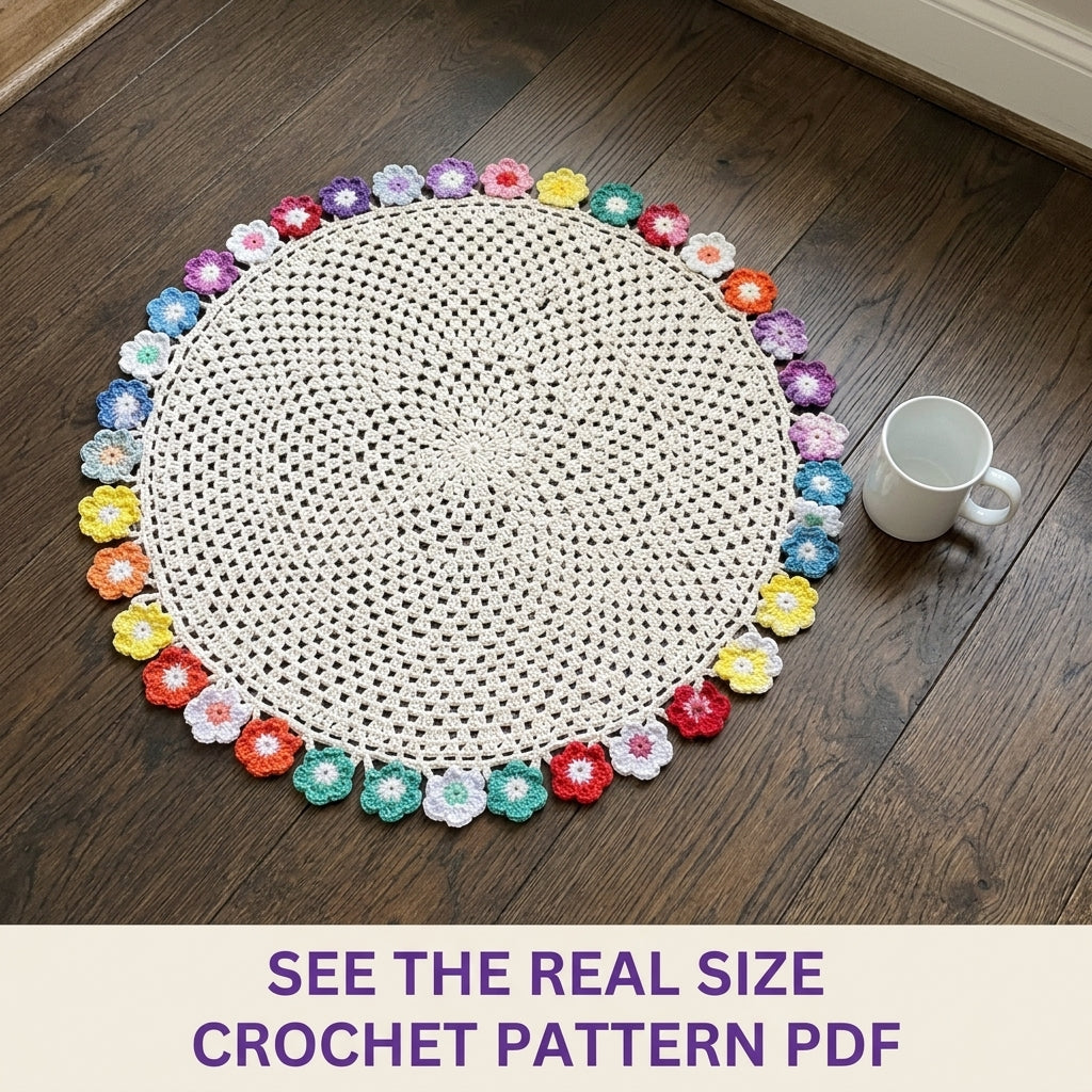 Rainbow Flower Edge Table Topper Crochet Pattern PDF – Round Doily