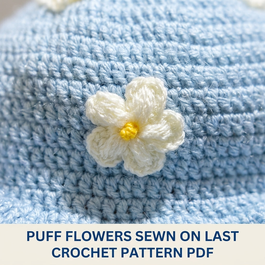 Blue Flower Ruffle Baby Hat Crochet Pattern PDF – Baby Sun Hat with Puff Flowers