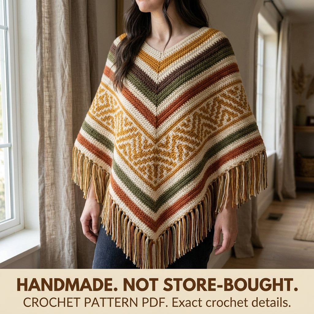 Harvest Mosaic Poncho Crochet Pattern PDF – Boho Fringe Poncho with Mosaic Colourwork Band
