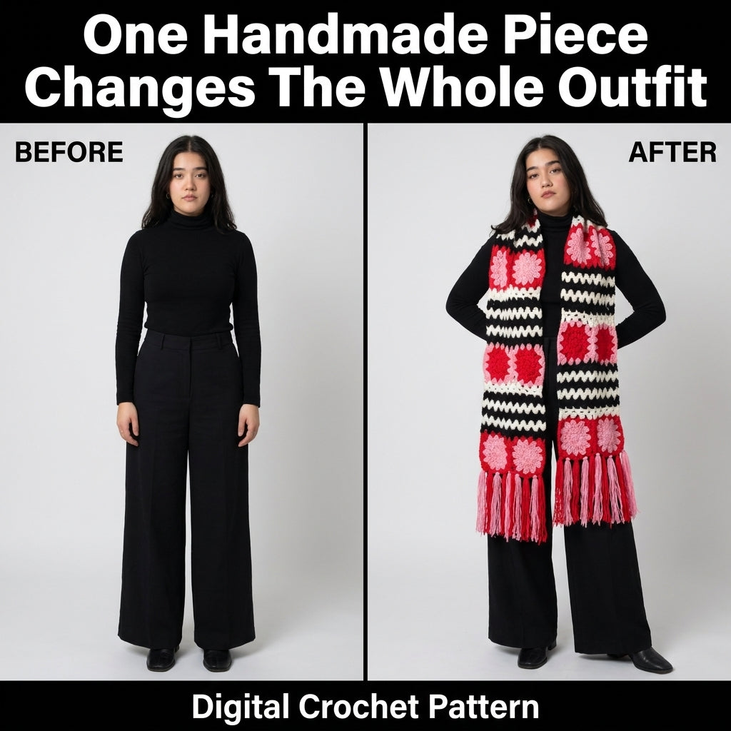 Granny Square Scarf Crochet Pattern | Flower Squares & Striped Panels with Fringe | Oversized Winter Scarf | PDF Instant Download
