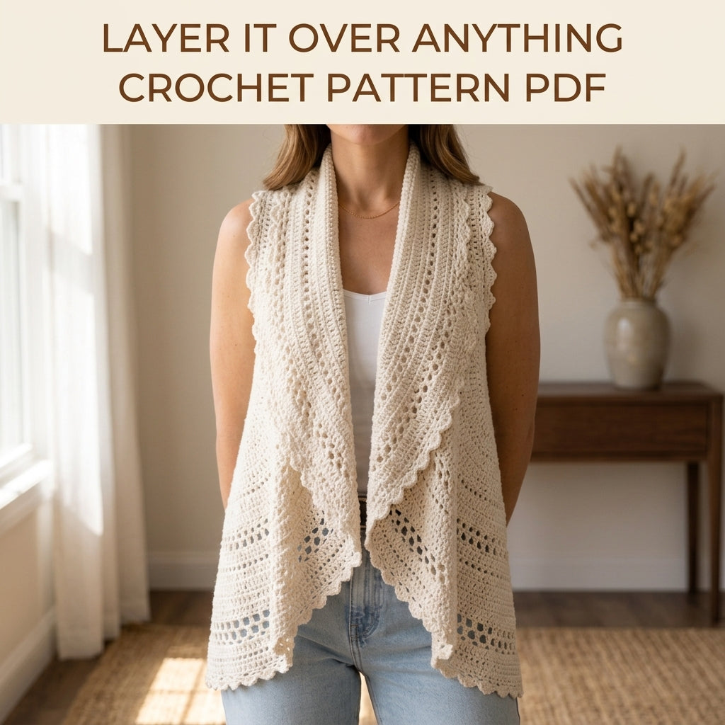 Lace Circle Vest Crochet Pattern PDF – Cascading Sleeveless Vest with Scalloped Edge