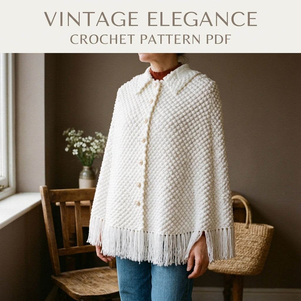 White Bobble Cape Crochet Pattern PDF – Button Front Cape with Collar and Fringe