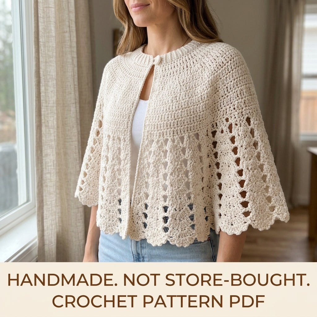 Lace Capelet Crochet Pattern PDF – Women's Shell Lace Cape with Scalloped Hem