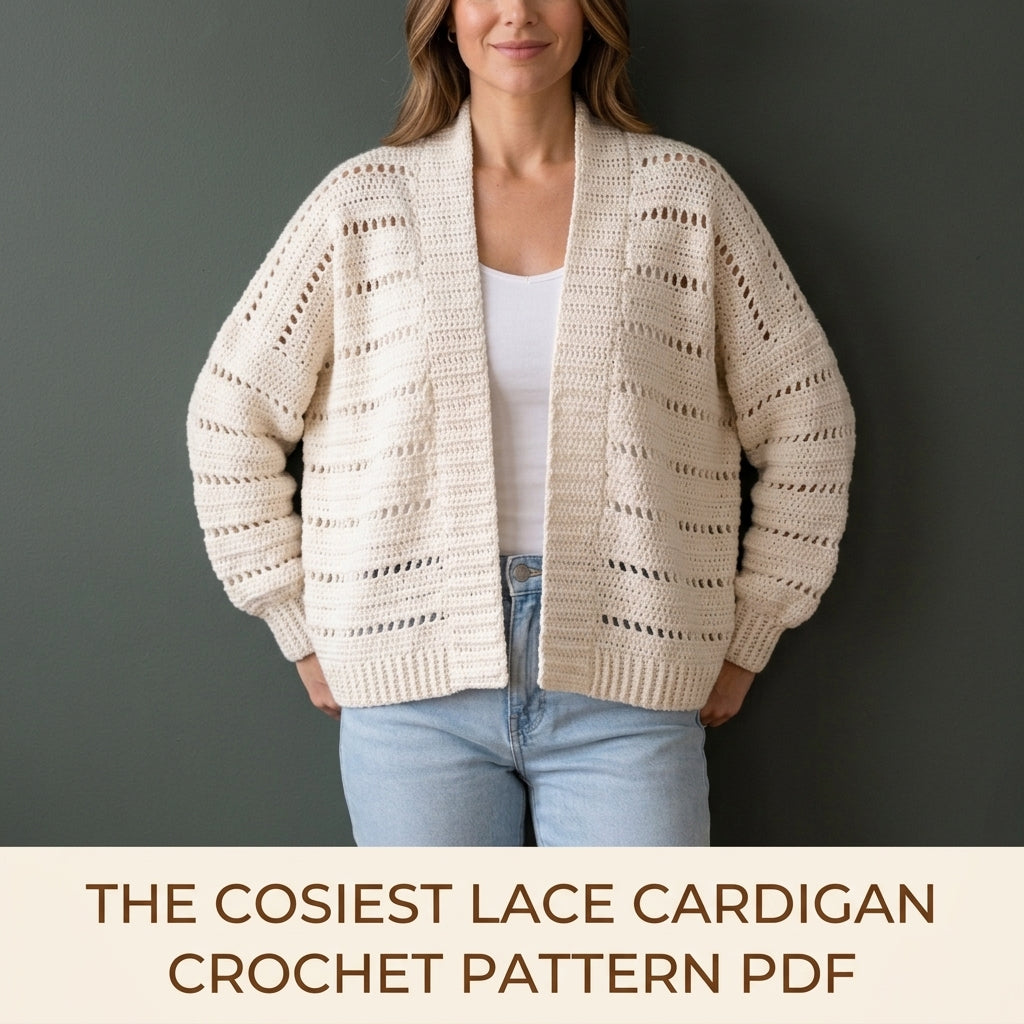 Lace Cocoon Cardigan Crochet Pattern PDF – Oversized Eyelet Cardigan with Ribbed Cuffs