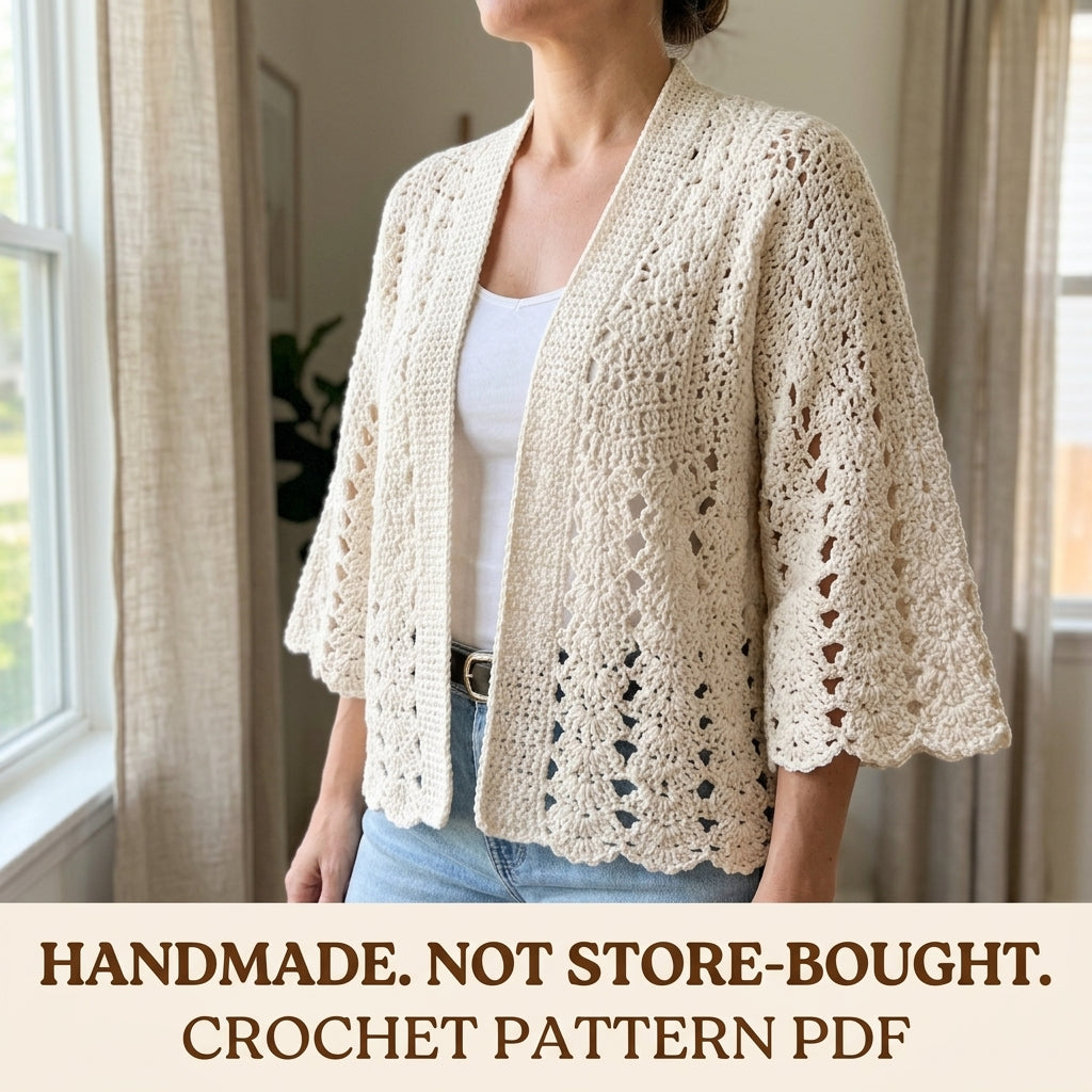 Lace Kimono Cardigan Crochet Pattern PDF – Fan Lace Cardigan with Wide Sleeves