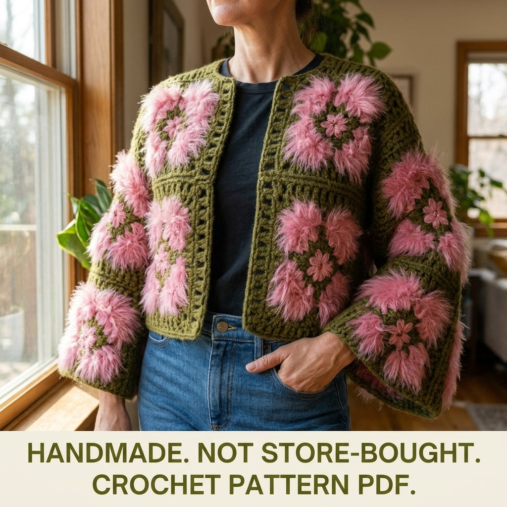 Fluffy Flower Granny Cardigan Crochet Pattern PDF – Boxy Granny Square Jacket