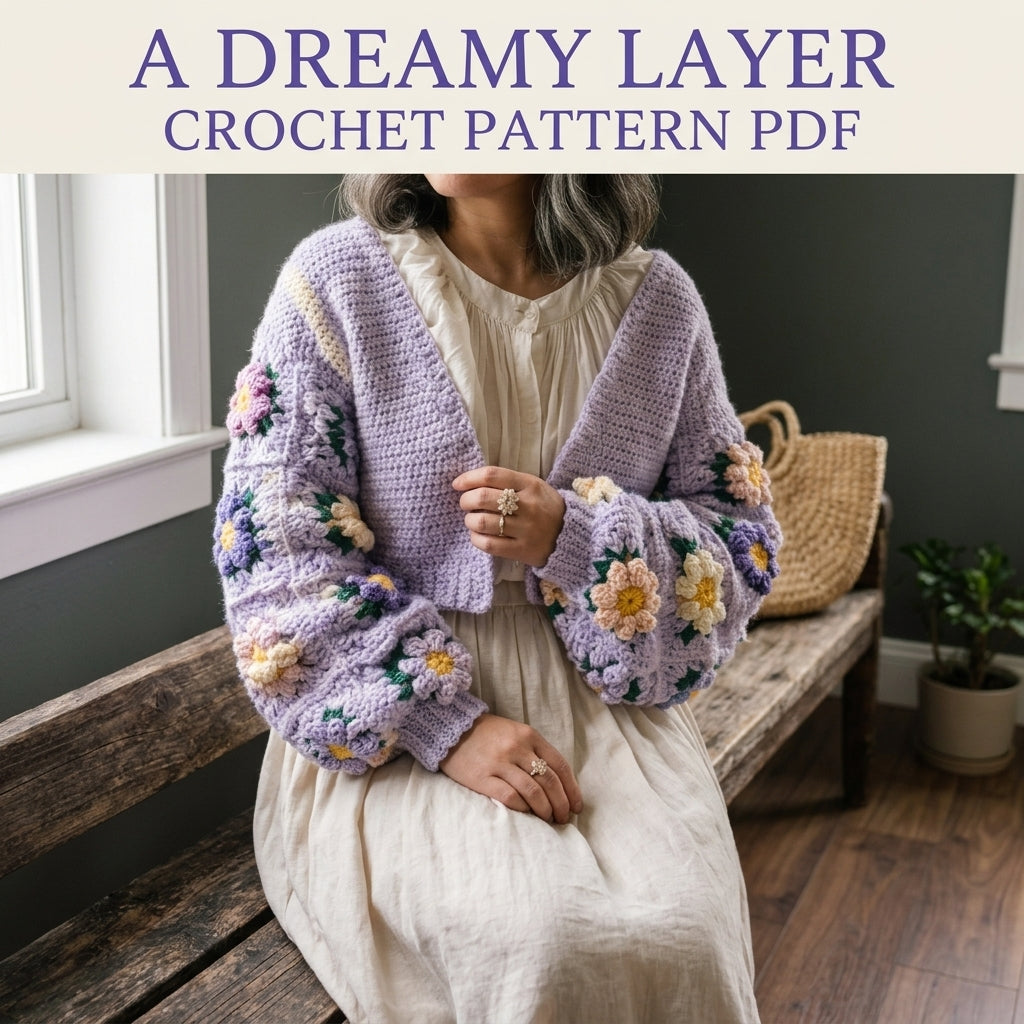 Lavender Flower Square Cardigan Crochet Pattern PDF – Oversized Granny Sleeve Cardigan