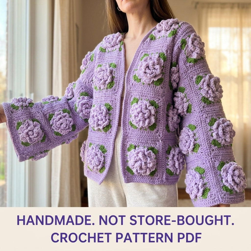Lavender Rose Square Cardigan Crochet Pattern PDF – 3D Rose Granny Cardigan