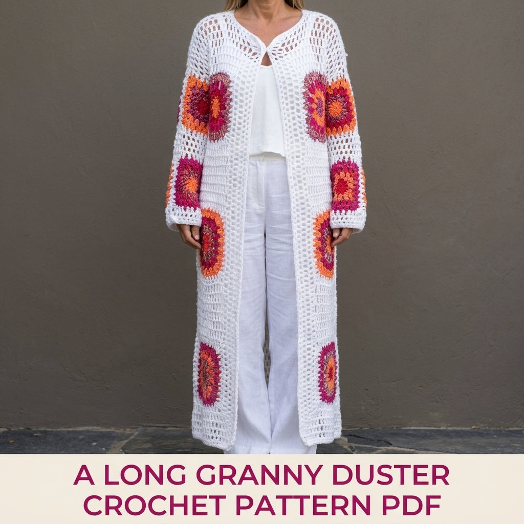 Long Granny Square Duster Crochet Pattern PDF – Boho Maxi Cardigan