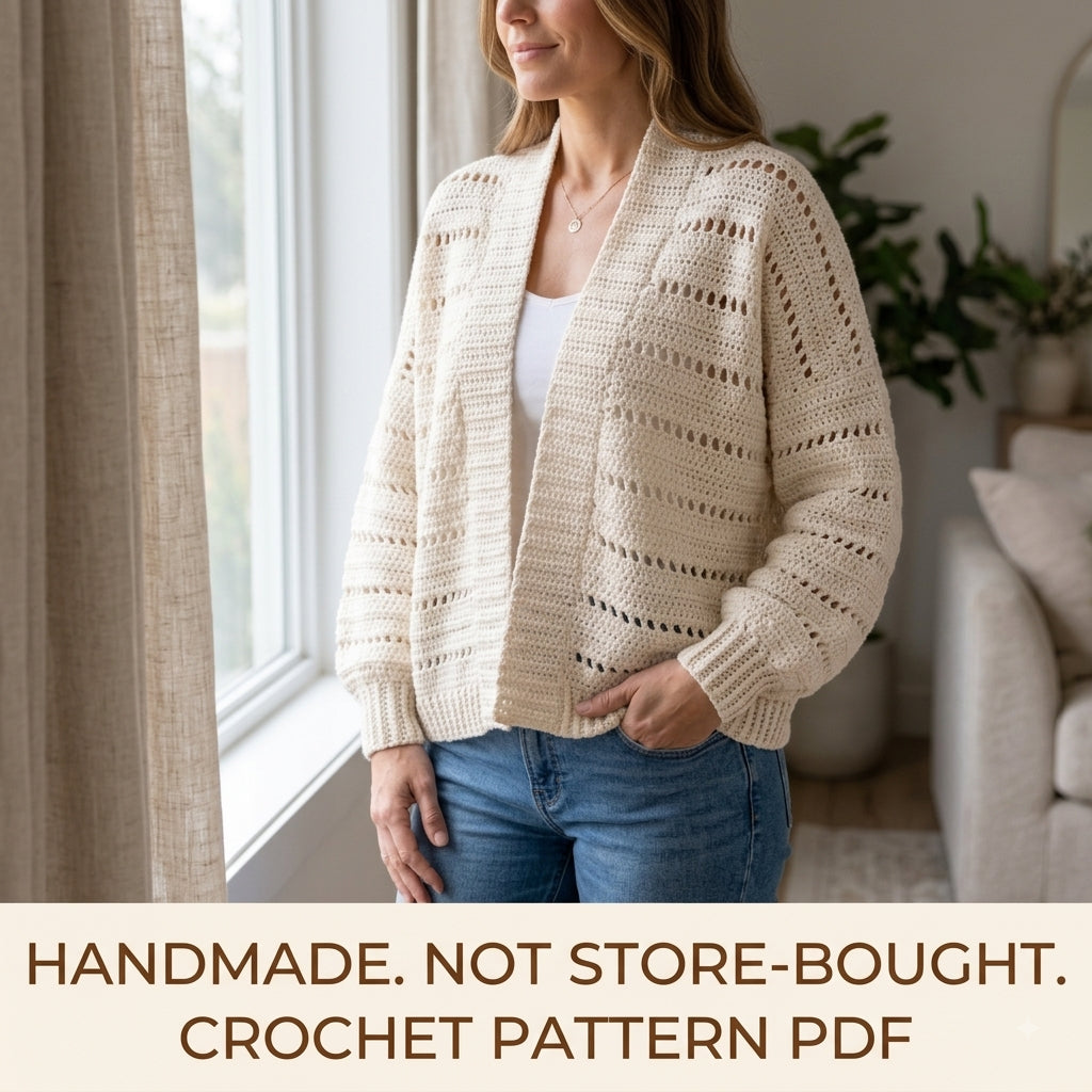 Lace Cocoon Cardigan Crochet Pattern PDF – Oversized Eyelet Cardigan with Ribbed Cuffs