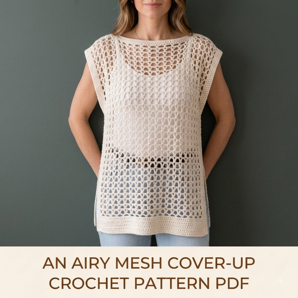 Lace Beach Cover-Up Crochet Pattern PDF – Boxy Mesh Tunic with Side Slits