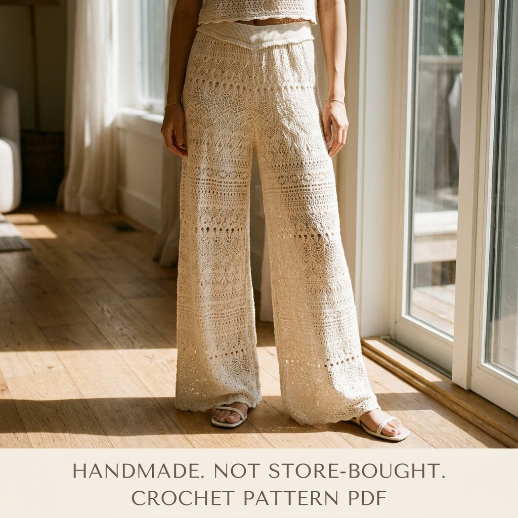Cream Lace Wide Leg Pants Crochet Pattern PDF – Summer Lace Trousers