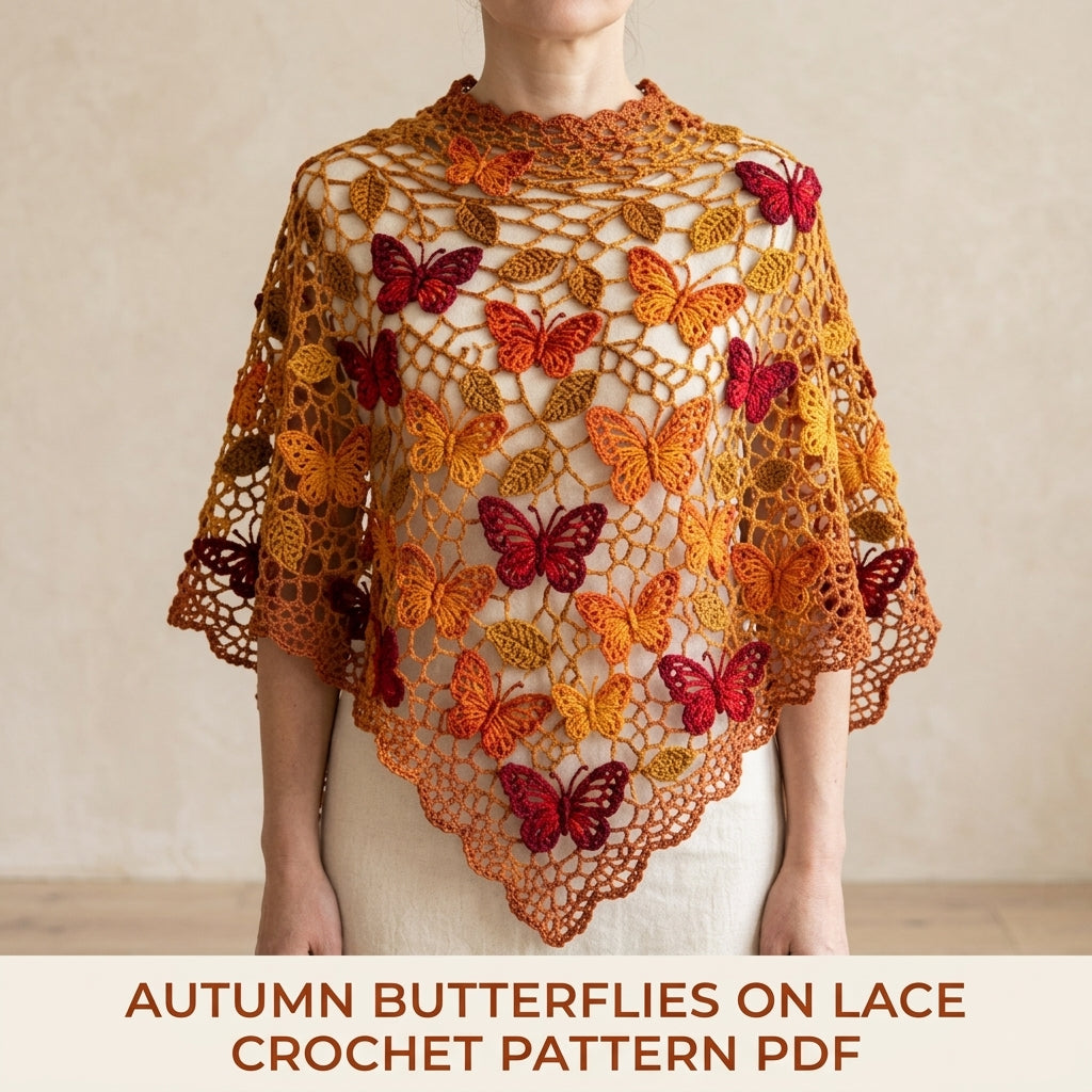 Autumn Butterfly Shawl Crochet Pattern PDF – Lace Net Shawl with Butterflies