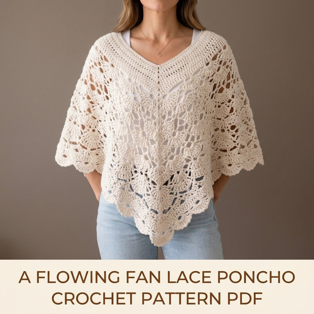 Lace Poncho Crochet Pattern PDF – V-Neck Fan Lace Poncho with Scalloped Hem