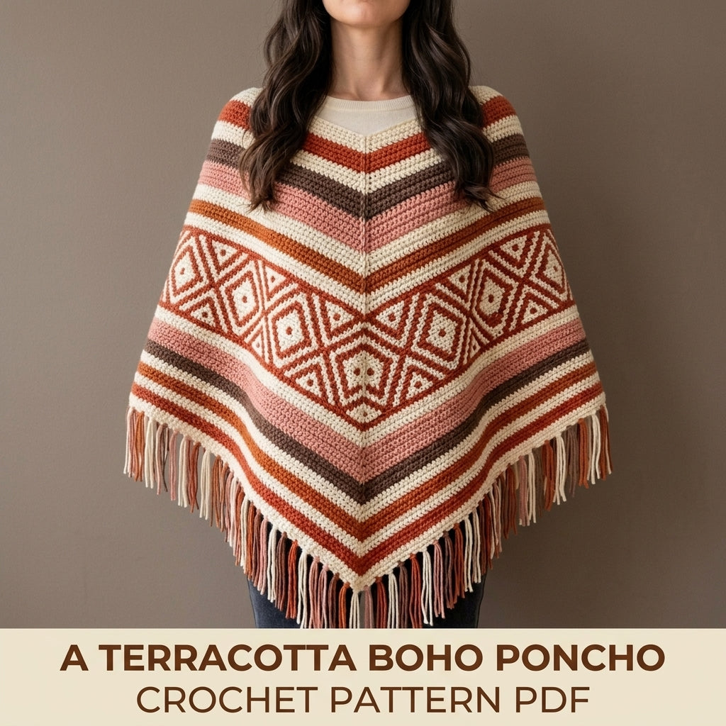 Terracotta Diamond Poncho Crochet Pattern PDF – Boho Fringe Poncho with Mosaic Colourwork Band