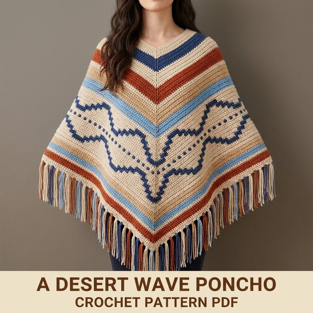 Desert Wave Poncho Crochet Pattern PDF – Boho Fringe Poncho with Mosaic Colourwork Band
