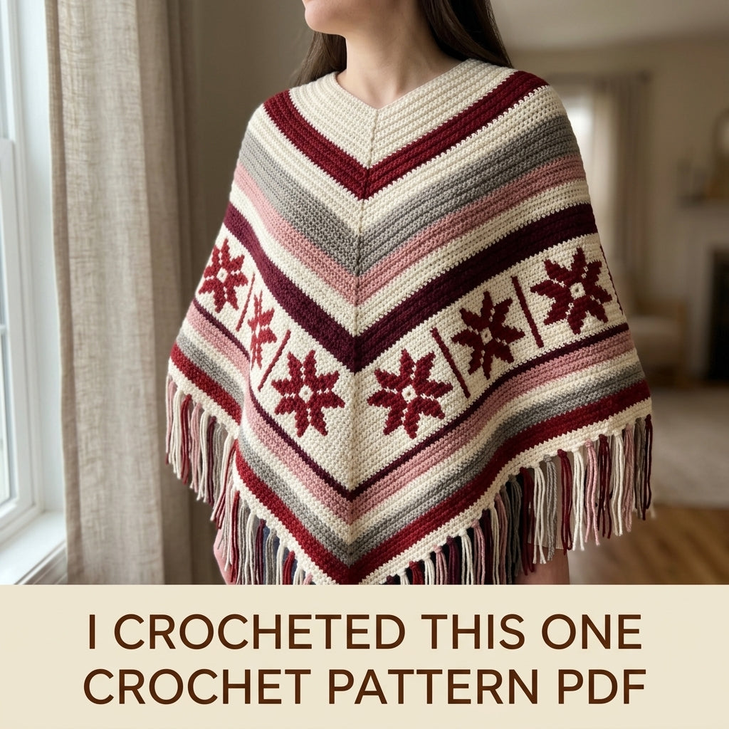 Burgundy Star Poncho Crochet Pattern PDF – Boho Fringe Poncho with Colourwork Band