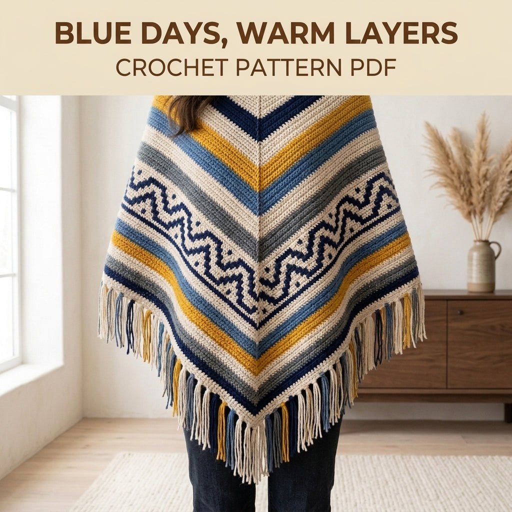Denim Zigzag Poncho Crochet Pattern PDF – Boho Fringe Poncho with Colourwork Band