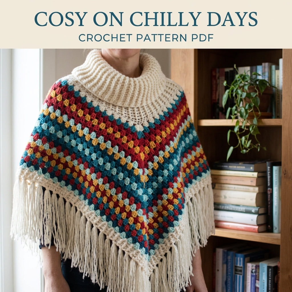 Cowl Neck Granny Stripe Poncho Crochet Pattern PDF – Easy Fringe Poncho