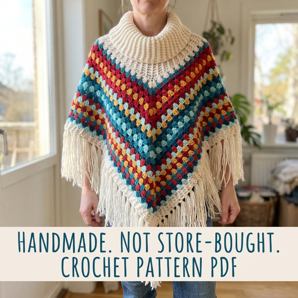 Cowl Neck Granny Stripe Poncho Crochet Pattern PDF – Easy Fringe Poncho