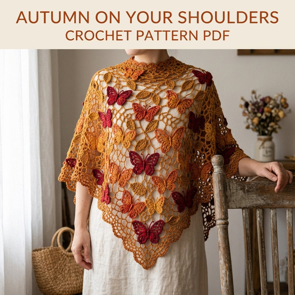 Autumn Butterfly Shawl Crochet Pattern PDF – Lace Net Shawl with Butterflies