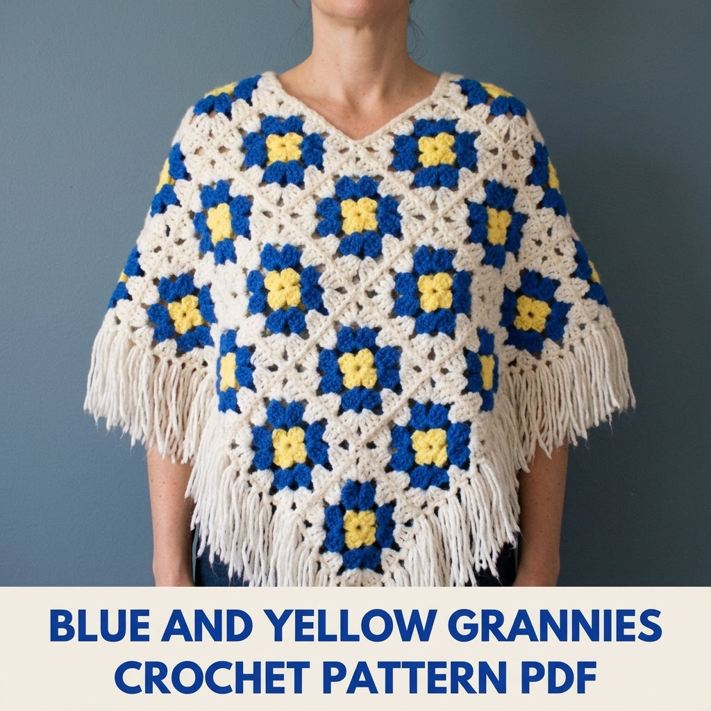 Blue and Yellow Granny Crochet Pattern PDF – Retro Flower Motif Poncho with Fringe