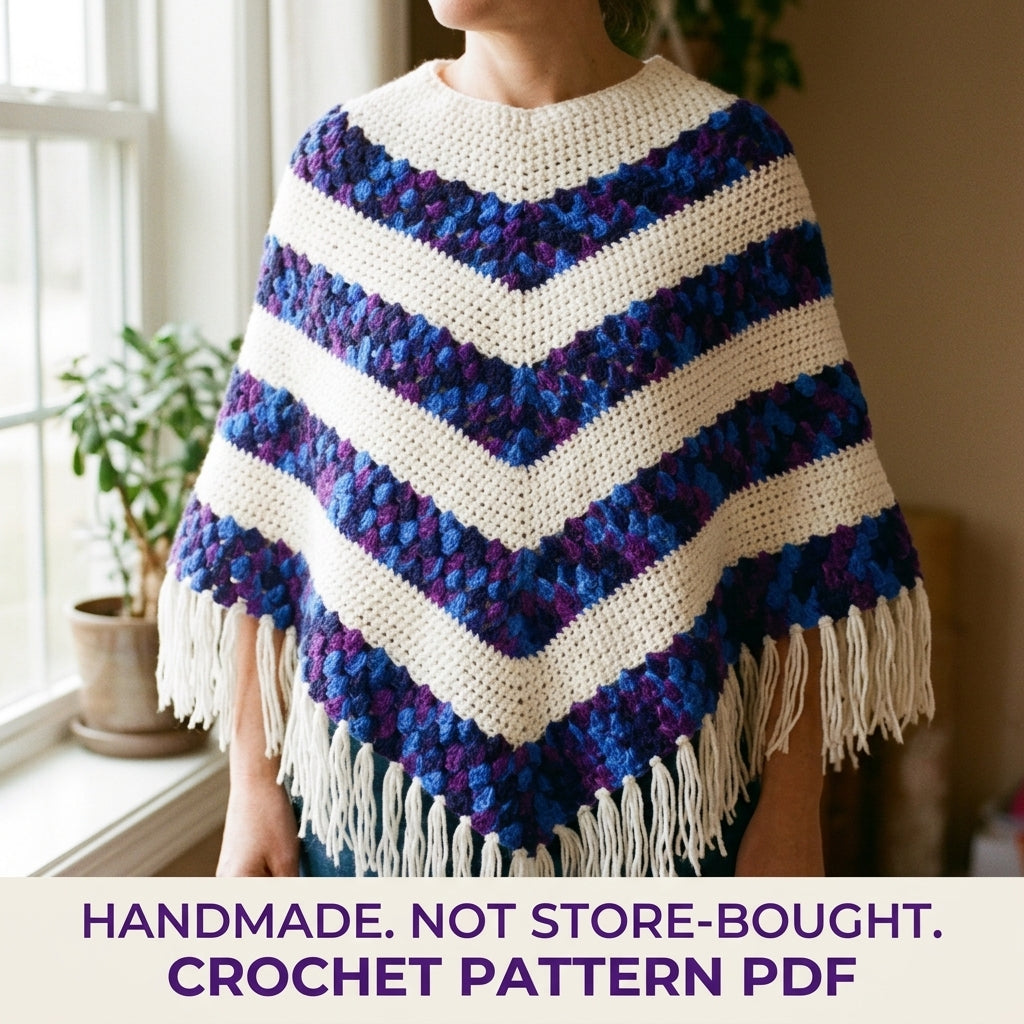 Purple Chevron Poncho Crochet Pattern PDF – Purple and Cream Fringe Poncho