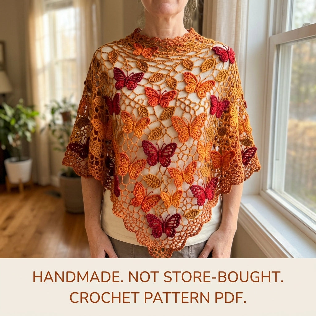 Autumn Butterfly Shawl Crochet Pattern PDF – Lace Net Shawl with Butterflies