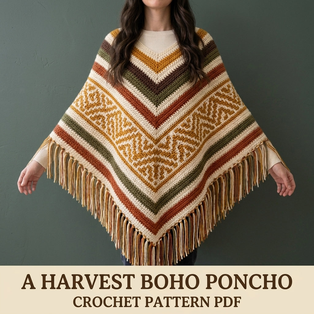 Harvest Mosaic Poncho Crochet Pattern PDF – Boho Fringe Poncho with Mosaic Colourwork Band