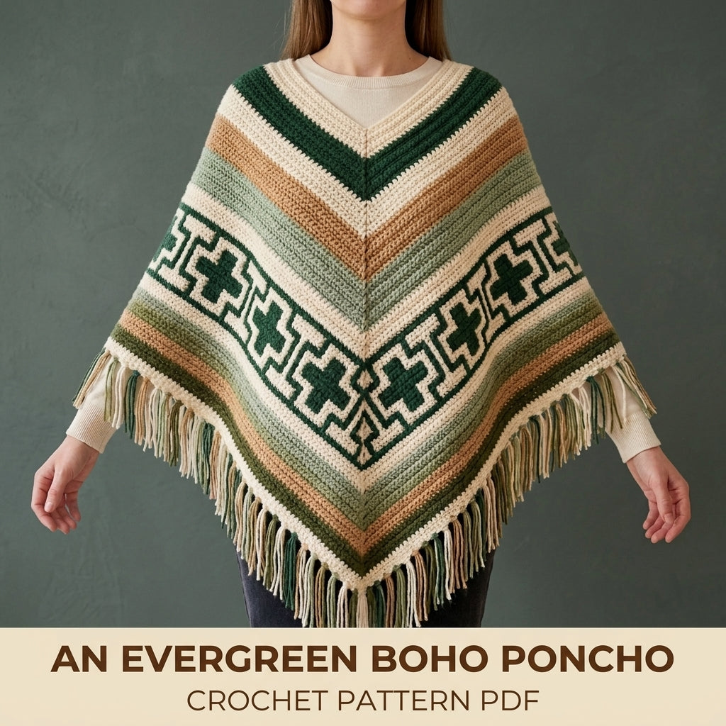 Evergreen Cross Poncho Crochet Pattern PDF – Boho Fringe Poncho with Mosaic Colourwork Band
