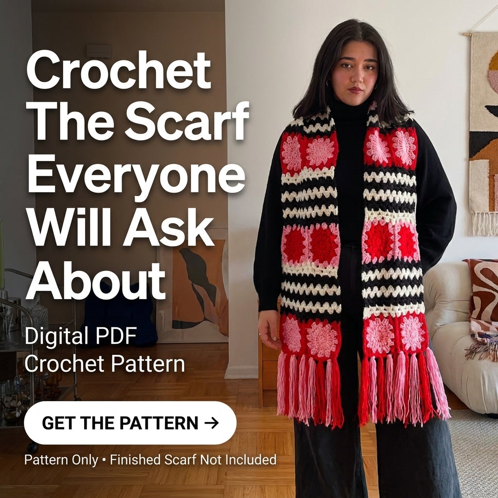 Granny Square Scarf Crochet Pattern | Flower Squares & Striped Panels with Fringe | Oversized Winter Scarf | PDF Instant Download