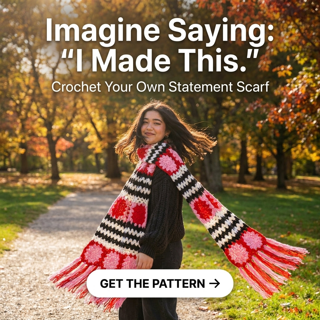 Granny Square Scarf Crochet Pattern | Flower Squares & Striped Panels with Fringe | Oversized Winter Scarf | PDF Instant Download