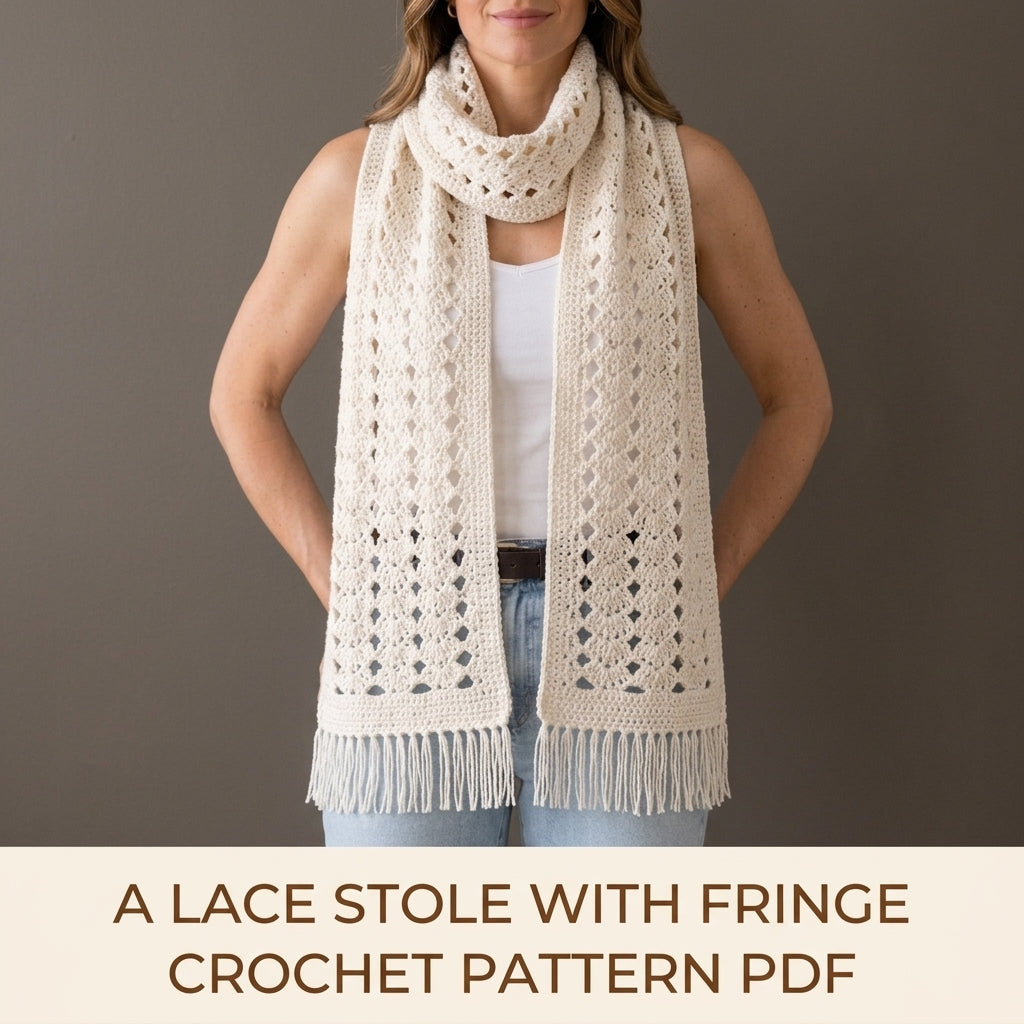 Lace Stole Wrap Crochet Pattern PDF – Long Diamond Lace Scarf Shawl with Fringe