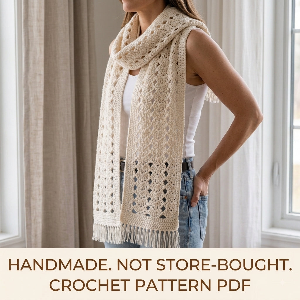 Lace Stole Wrap Crochet Pattern PDF – Long Diamond Lace Scarf Shawl with Fringe