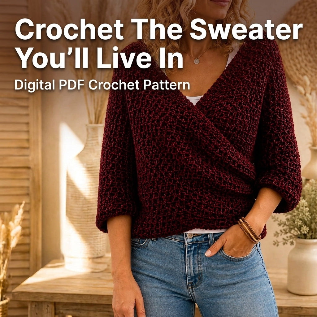 Wrap Front Sweater Crochet Pattern — Textured Surplice Jumper with 3/4 Sleeves, Sizes XS–3XL, US Terms, PDF Download