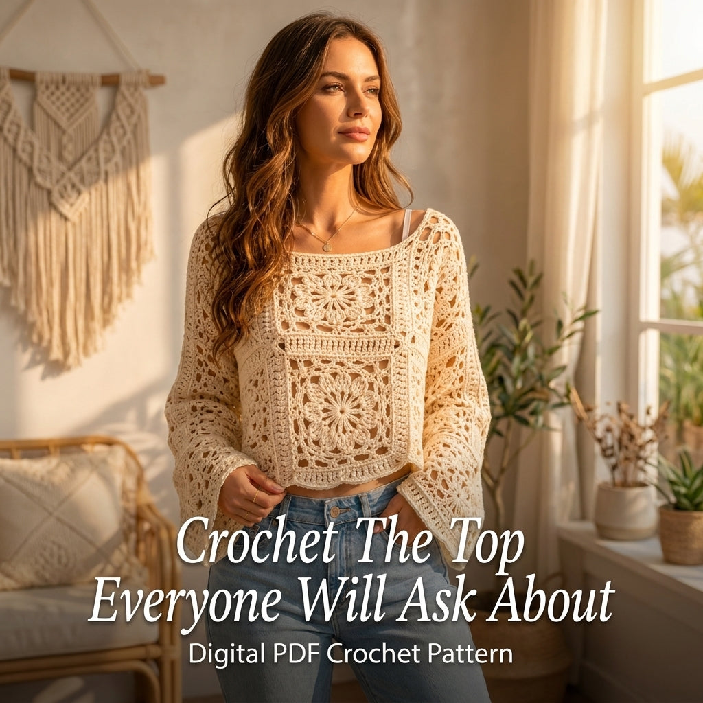 Granny Square Crop Top Crochet Pattern — Boho Lace Top with Bell Sleeves, Sizes XS–3XL, US Terms, PDF Download
