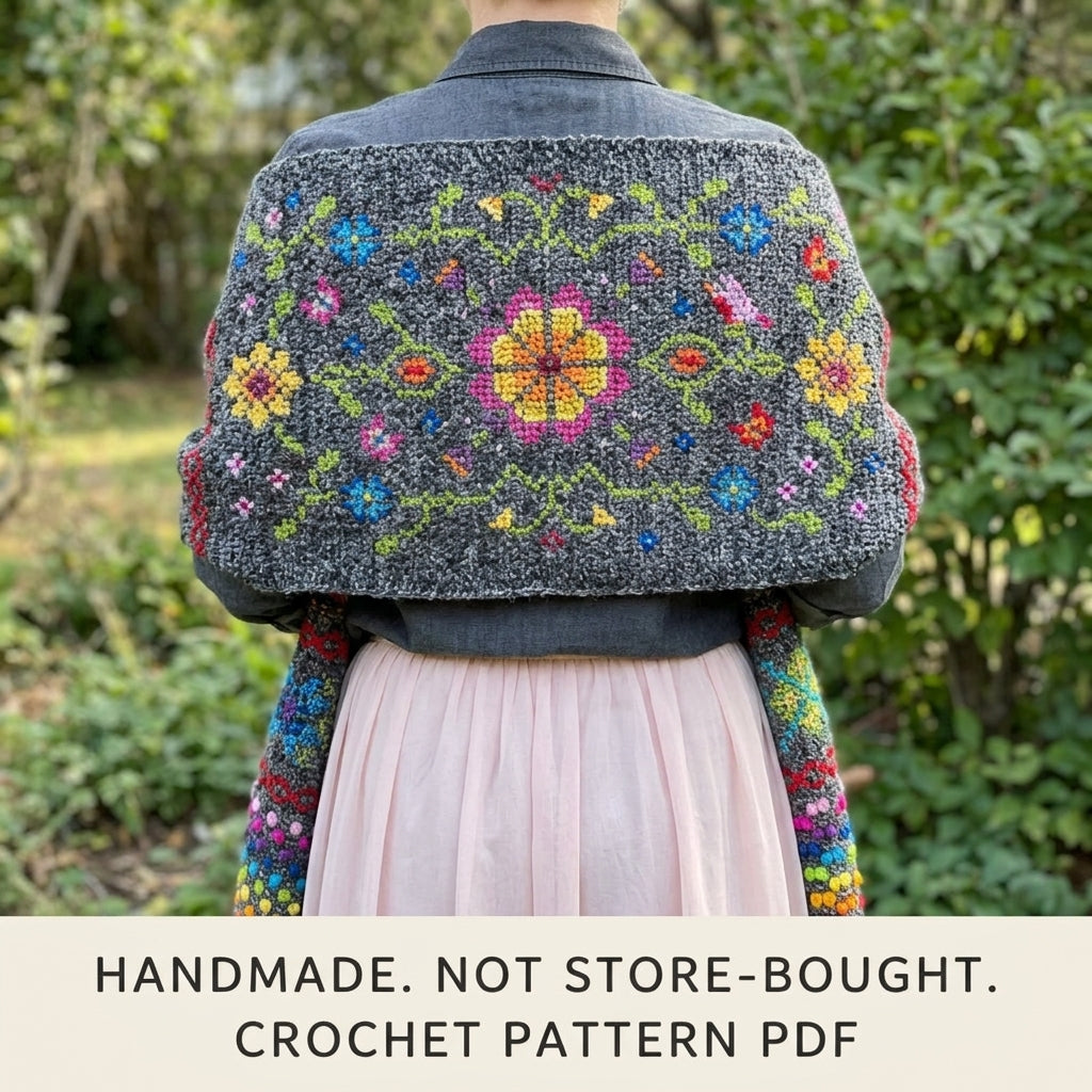 Cross-Stitch Folk Flower Wrap Crochet Pattern PDF – Embroidered Shawl