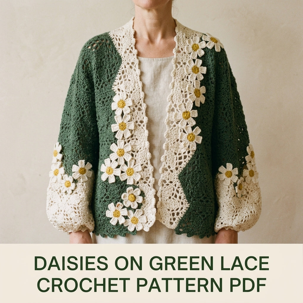 Daisy Cardigan Crochet Pattern PDF – Green and Cream Lace Cardigan