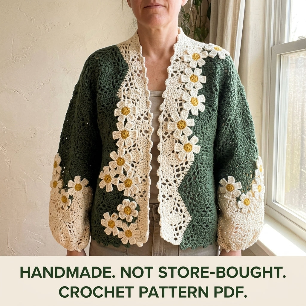 Daisy Cardigan Crochet Pattern PDF – Green and Cream Lace Cardigan