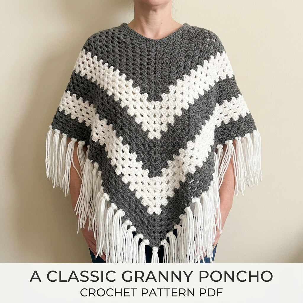 Grey Chevron Granny Stitch Poncho Crochet Pattern PDF – Grey and White Chevron Poncho