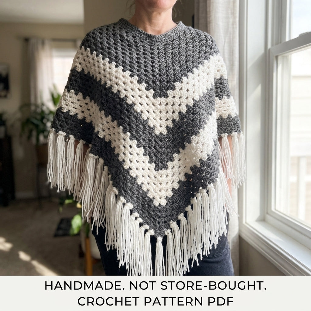 Grey Chevron Granny Stitch Poncho Crochet Pattern PDF – Grey and White Chevron Poncho